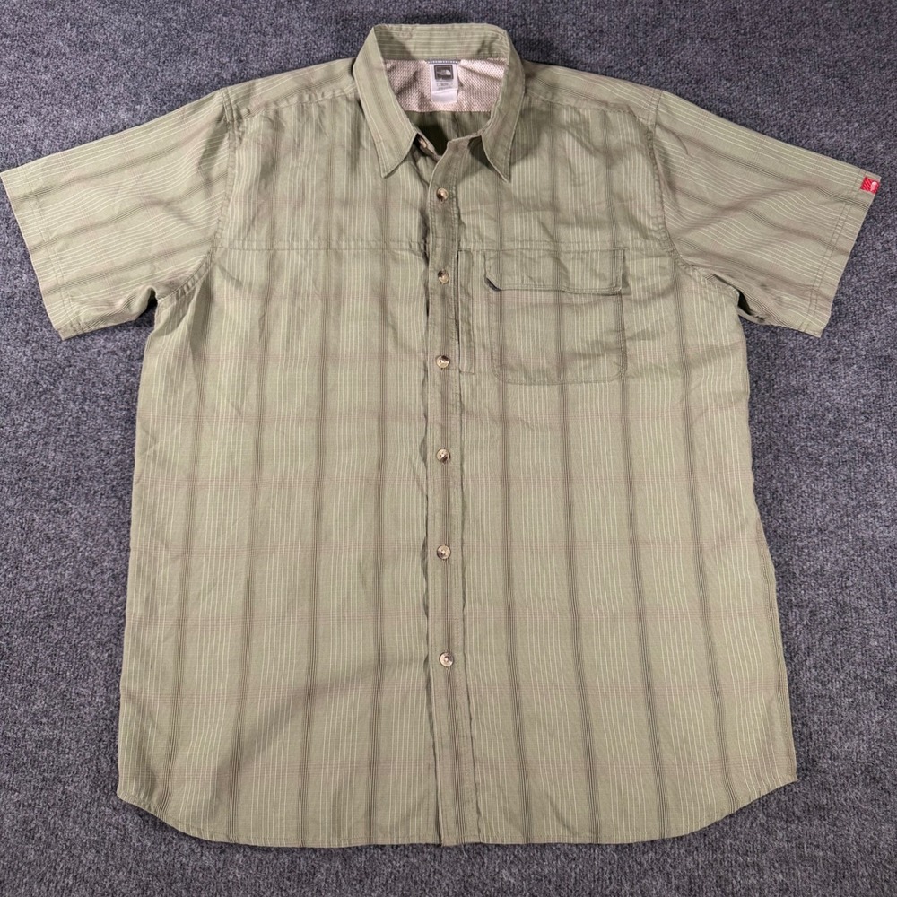 The North Face Shirt Mens XL Green Striped Short Sleeve Hiking Button Up AT6H